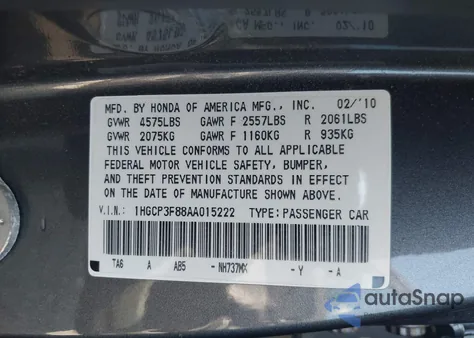 2010 Honda Accord 3.5 Ex-L z USA, uszkodzony, nr VIN 1HGCP3F88AA015222